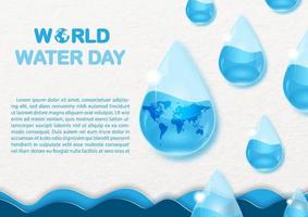 libellé de la journée mondiale de l'eau avec exemples de textes et carte du monde dans le style de verre de gouttelettes d'eau sur la vague de la mer et fond de papier blanc. vecteur
