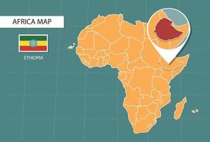 carte de l'éthiopie en version zoom afrique, icônes indiquant l'emplacement de l'éthiopie et les drapeaux. vecteur