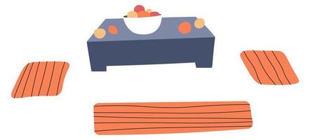 table basse avec bol de fruits et tapis de sol vecteur