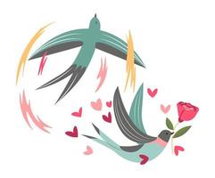hirondelle et colombe oiseaux avec coeurs et roses flore vecteur