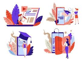 éducation en ligne, étudiants avec des livres et des gadgets vecteur