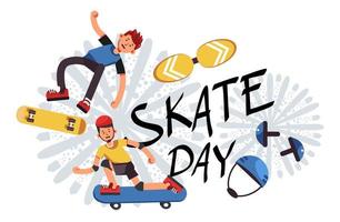 skate day, préadolescents montrant des astuces à bord vecteur