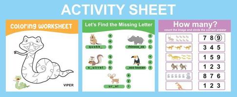 feuille de travail imprimable éducative. fiche d'activités pour enfants sur le thème des animaux. feuille de coloriage, trouvez la lettre manquante, en comptant le nombre de feuilles de calcul. fichier vectoriel. vecteur