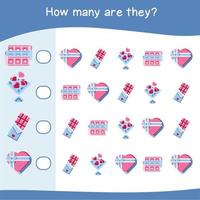 compter le jeu de mathématiques pour les enfants. feuille de calcul de la saint-valentin préscolaire. feuille de travail mathématique imprimable éducative. feuille de calcul mathématique des couleurs. compter les images similaires. illustration vectorielle. vecteur