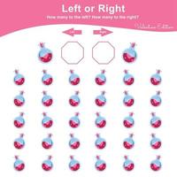 jeu gauche ou droit pour les enfants d'âge préscolaire. activité de feuille de calcul de la saint-valentin pour les enfants. feuille de calcul imprimable de mathématiques de l'éducation pour compter combien sont à gauche et à droite. illustration vectorielle. vecteur