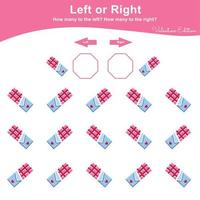 jeu gauche ou droit pour les enfants d'âge préscolaire. activité de feuille de calcul de la saint-valentin pour les enfants. feuille de calcul imprimable de mathématiques de l'éducation pour compter combien sont à gauche et à droite. illustration vectorielle. vecteur