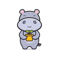 mignon hippopotame tenant plante mascotte doodle dessin animé icône illustration vecteur