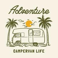 camping-car aventure en plein air ligne dessinée à la main aventure illustration logo badge vecteur