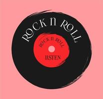 le disque vinyle est noir avec un centre rouge. bords irréguliers grunge. l'inscription est rock and roll vecteur