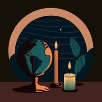 un globe et une bougie allumée pour représenter la campagne contre le changement climatique appelée heure de la terre vecteur