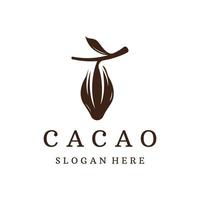 conception de modèle de logotype de plante de gousse de cacao au chocolat, fève de cacao, arrière-plan isolé de plante biologique exotique. vecteur