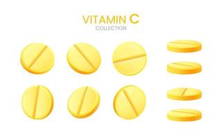 ensemble de pilules réalistes. médicaments effervescents solubles. comprimés solubles de vitamine c au goût de citron. collection de complexe de vitamines, concept médical et de soins de santé. pilules jaunes rondes au goût de fruits. vecteur