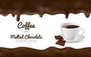 Café expresso réaliste 3d avec du chocolat fondu dans une tasse blanche. illustration vectorielle. conception pour cafétéria, affiches, bannières, cartes postales. tasse blanche en céramique de modèle avec du café de cacao et du chocolat. vecteur