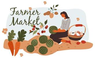 marché fermier, femme cultivant des légumes frais