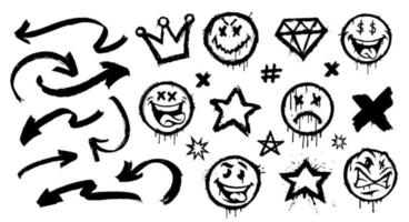 ensemble de motifs de pulvérisation de graffitis vectoriels tels que sourire, étiquette, emoji vecteur