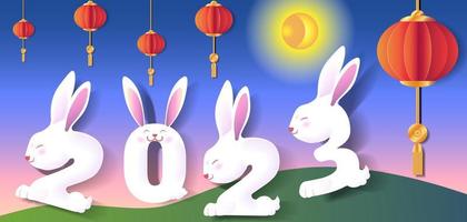 joyeux nouvel an chinois 2023 année du signe du zodiaque lapin avec des éléments asiatiques dans un style de coupe de papier doré sur un fond de couleur.bonne année. vecteur