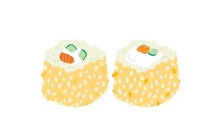 rouleau de sushi au sésame, cuisine japonaise. icône de style dessin animé de rouleau de sushi. sushi isolé sur fond blanc. sushi de dessin animé de vecteur. rouleaux de sushi de style dessin à la main.nourriture asiatique vecteur