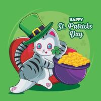 joyeuse Saint Patrick. chat mignon tenant un grand chaudron et des pièces d'or illustration vectorielle téléchargement gratuit vecteur