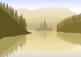 beau paysage reflété dans le lac avec vecteur de montagnes. illustration de silhouette brune.