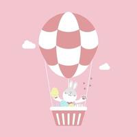 joyeux festival de pâques avec lapin animal de compagnie et oeuf sur ballon à air chaud, couleur pastel, personnage de dessin animé d'illustration vectorielle plane vecteur