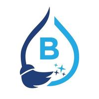 logo de nettoyage de femme de chambre sur la lettre b. signe de maison propre, brosse de nettoyage de logo propre et modèle de concept de goutte d'eau vecteur