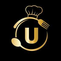 logo de restaurant sur la lettre u avec chapeau de chef, symbole de cuillère et de fourchette pour signe de cuisine, icône de café, restaurant, image vectorielle d'entreprise de cuisine vecteur