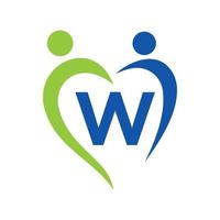 logo de soins communautaires sur le modèle vectoriel lettre w. travail d'équipe, cœur, personnes, soins familiaux, logos d'amour. fondation caritative signe de don de charité créatif