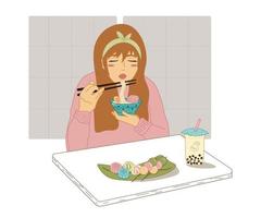 fille mangeant des nouilles ramen, gâteau de lune, dango, mochi, thé à bulles. illustration vectorielle mignonne avec cuisine asiatique et femme. fille soufflant sur des nouilles. vecteur