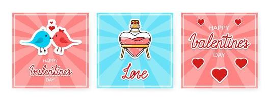 jeu de bannières vectorielles happy valentines. conception de trois cartes postales carrées vintage pour le 14 février. vecteur