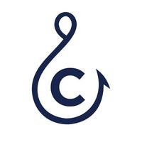 logo de pêche sur le signe de la lettre c, modèle de logo de crochet de pêche vecteur
