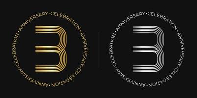 3e anniversaire. bannière de célébration d'anniversaire de trois ans aux couleurs dorées et argentées. logo circulaire avec un design numérique original aux lignes élégantes. vecteur