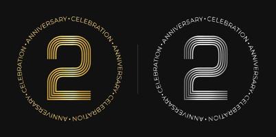 2e anniversaire. bannière de célébration d'anniversaire de deux ans aux couleurs dorées et argentées. logo circulaire avec un design original de chiffres aux lignes élégantes. vecteur