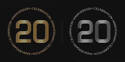 20e anniversaire. bannière de célébration d'anniversaire de vingt ans aux couleurs dorées et argentées. logo circulaire avec un design original de chiffres aux lignes élégantes. vecteur
