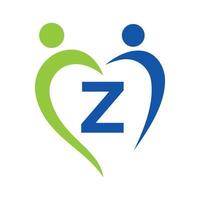 logo de soins communautaires sur le modèle vectoriel lettre z. travail d'équipe, cœur, personnes, soins familiaux, logos d'amour. fondation caritative signe de don de charité créatif