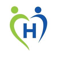 logo de soins communautaires sur le modèle vectoriel lettre h. travail d'équipe, cœur, personnes, soins familiaux, logos d'amour. fondation caritative signe de don de charité créatif