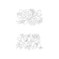 pages à colorier florales, arts de la ligne de fleurs, motifs floraux de ligne d'art de silhouette, dessin de fleur noir et blanc de contour, graphiques botaniques de contour, conception florale sur fond blanc, conception de fleur de base vecteur