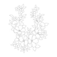 pages à colorier florales, arts de la ligne de fleurs, motifs floraux de ligne d'art de silhouette, dessin de fleur noir et blanc de contour, graphiques botaniques de contour, conception florale sur fond blanc, conception de fleur de base vecteur