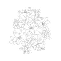 pages à colorier florales, arts de la ligne de fleurs, motifs floraux de ligne d'art de silhouette, dessin de fleur noir et blanc de contour, graphiques botaniques de contour, conception florale sur fond blanc, conception de fleur de base vecteur