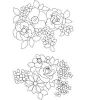 pages à colorier florales, arts de la ligne de fleurs, motifs floraux de ligne d'art de silhouette, dessin de fleur noir et blanc de contour, graphiques botaniques de contour, conception florale sur fond blanc, conception de fleur de base vecteur