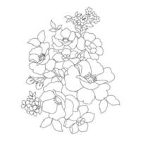 pages à colorier florales, arts de la ligne de fleurs, motifs floraux de ligne d'art de silhouette, dessin de fleur noir et blanc de contour, graphiques botaniques de contour, conception florale sur fond blanc, conception de fleur de base vecteur