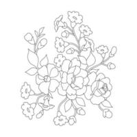 pages à colorier florales, arts de la ligne de fleurs, motifs floraux de ligne d'art de silhouette, dessin de fleur noir et blanc de contour, graphiques botaniques de contour, conception florale sur fond blanc, conception de fleur de base vecteur