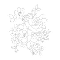 pages à colorier florales, arts de la ligne de fleurs, motifs floraux de ligne d'art de silhouette, dessin de fleur noir et blanc de contour, graphiques botaniques de contour, conception florale sur fond blanc, conception de fleur de base vecteur