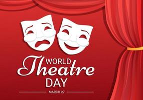 journée mondiale du théâtre le 27 mars illustration avec des masques et pour célébrer le théâtre pour la bannière web ou la page de destination dans des modèles dessinés à la main de dessin animé plat vecteur