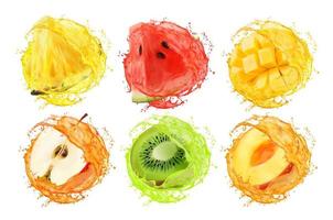 fruits avec éclaboussures de jus, pomme, mangue, pastèque, vecteur