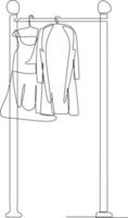 une ligne continue dessinant une collection de vêtements suspendus sur un rack. notion de vêtements. illustration graphique vectorielle de dessin à une seule ligne. vecteur