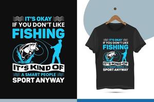 modèle de conception de t-shirt coloré unique de pêche. illustration vectorielle avec typographie, poisson, mer, eau et hameçon sur fond noir. vecteur