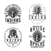 apache indien homme logo bundle ensemble style vintage chef mascotte design caractère noir et blanc silhouette illustration vectorielle vecteur