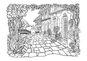 vieille ville romantique. pages de coloriages. coloriage anti-stress. vecteur. vecteur