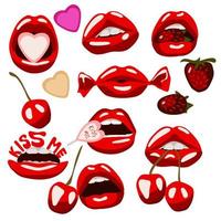 un ensemble de lèvres rouges avec des bonbons, des fraises, des cerises. des bonbons dans la bouche. illustration pour l'impression sur des bannières. illustration vectorielle de lèvres féminines sexy. un bisou. isolé sur fond blanc. vecteur
