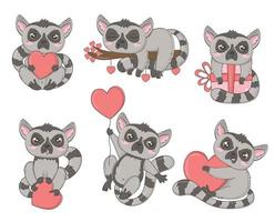 clipart collection de drôles d'animaux tropicaux lémuriens pour la Saint-Valentin dans un style de griffonnage dessiné à la main pour les enfants, livres et jeux pour enfants, cartes, impression vecteur